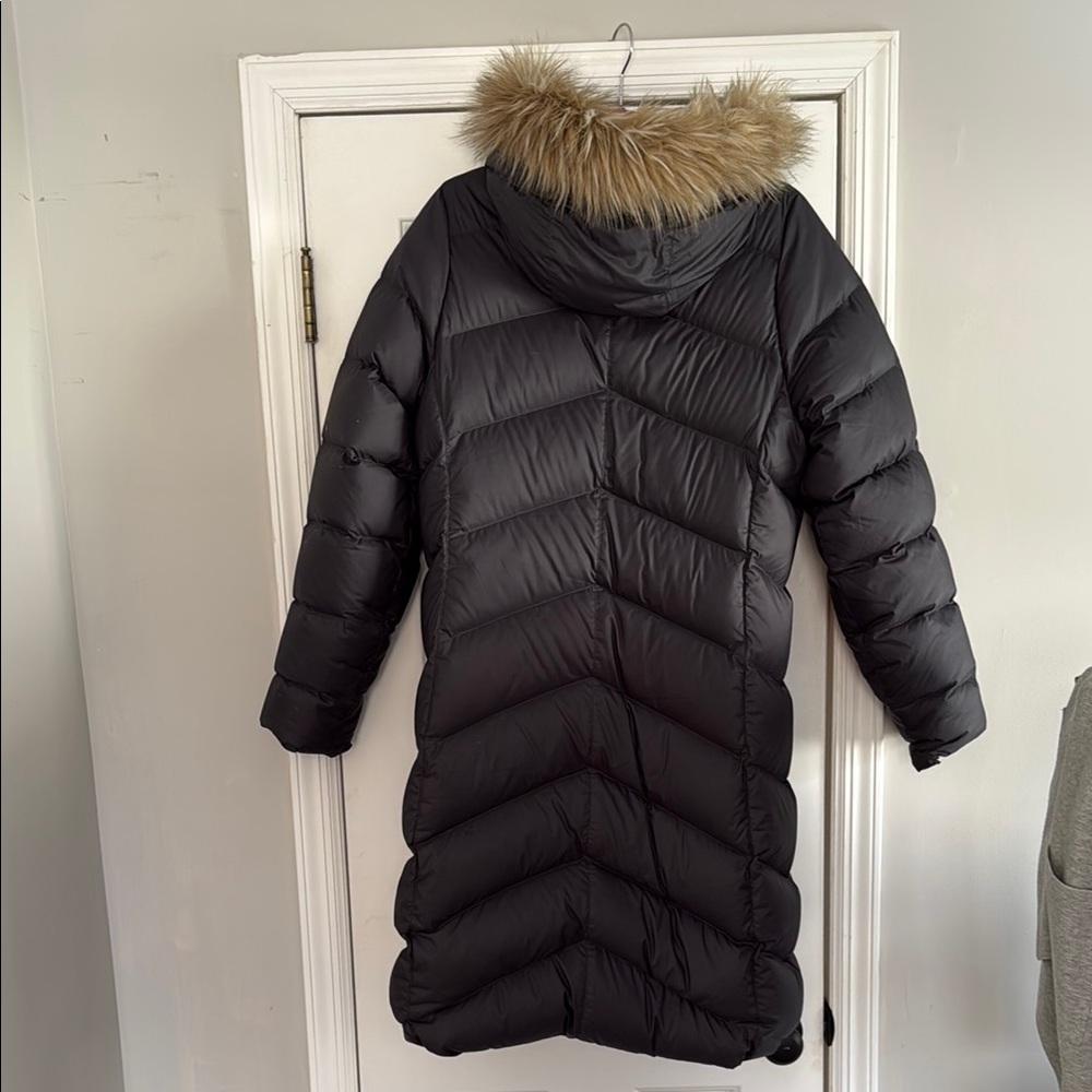 Marmot Black Hooded Puffer Coat with Fur Trim - Picture 2 of 3